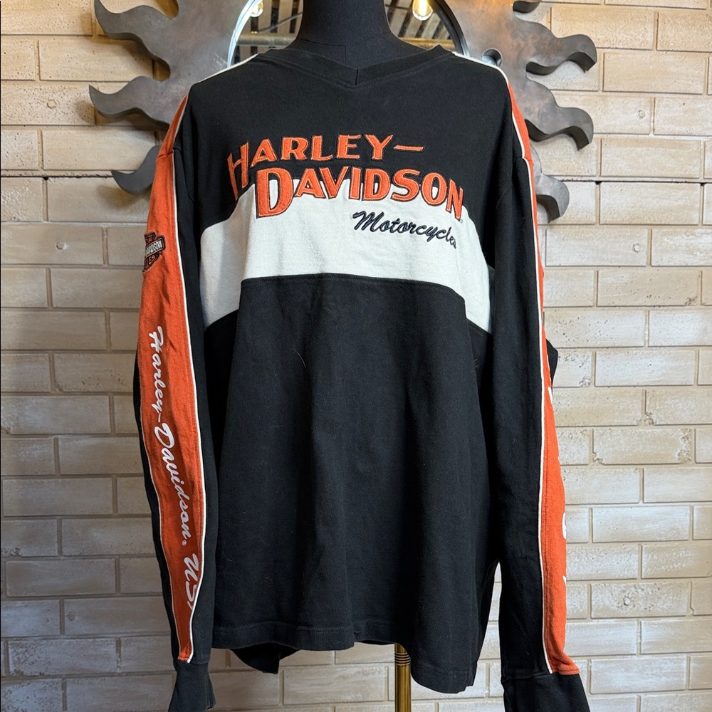 Harley-Davidson Men's Black, Orange, and White Long Sleeve Tee